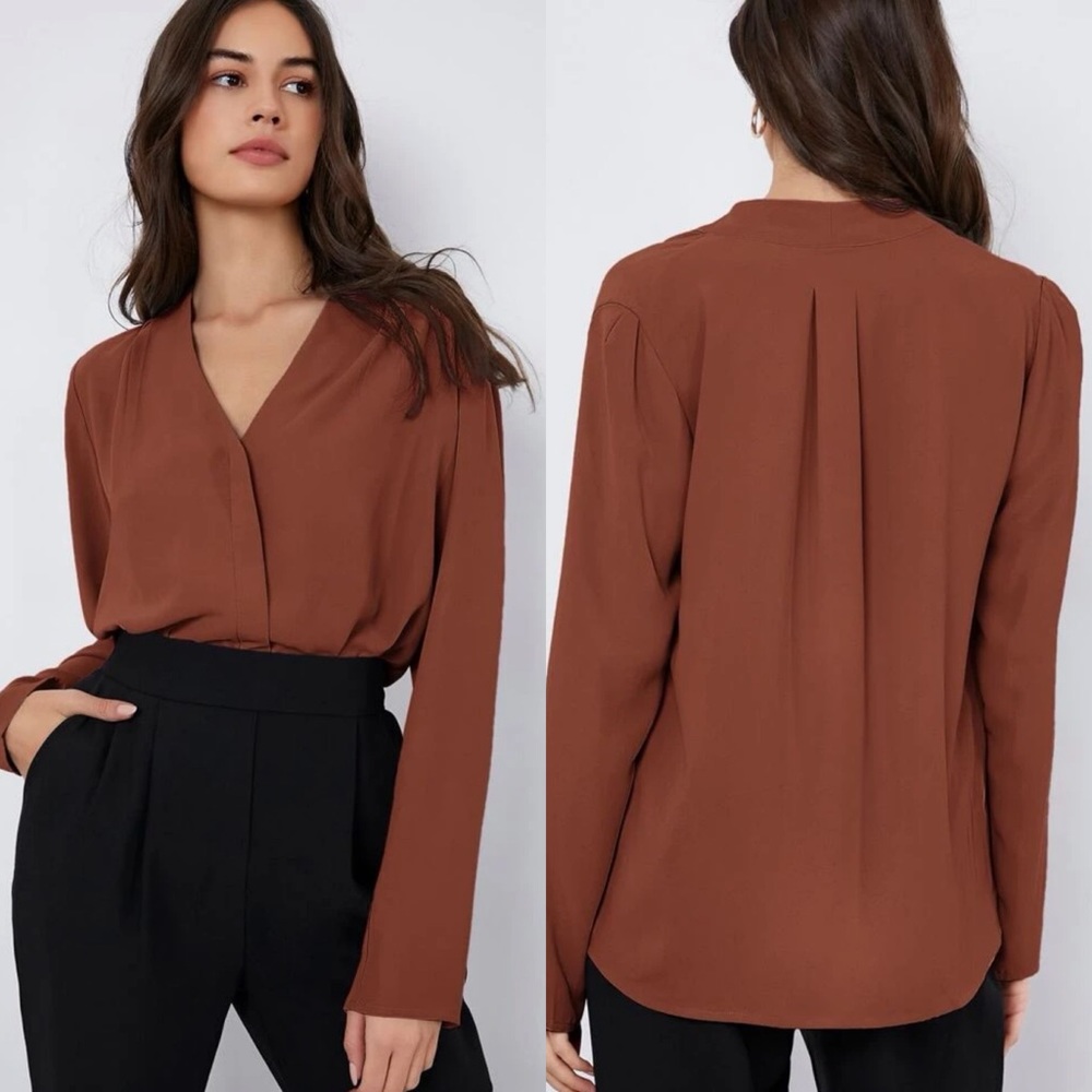 Long sleeve v neck pleated faux wrap look business casual blouse dark green - Picture 7 of 8